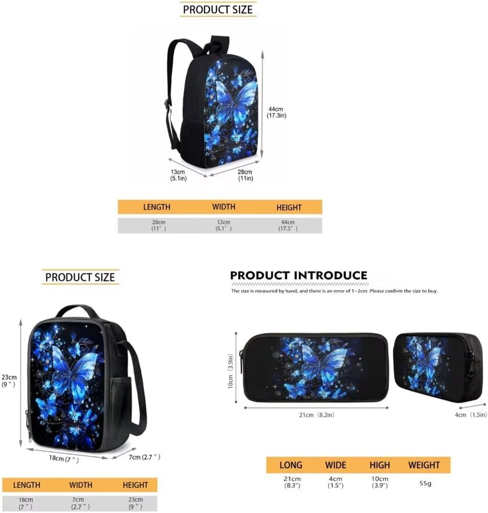 3PCS Backpack with Lunch Box Pencil Case Set for Boys Girls Blue Butterfly Print Elementary Middle School Students Bookbags - Image 5