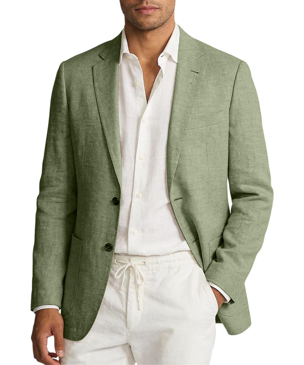 Linen Blazer Men Jacket Casual Blazer for Mens 2 Button Lightweight Sport Coat for Summer Beach Wedding Groom Prom