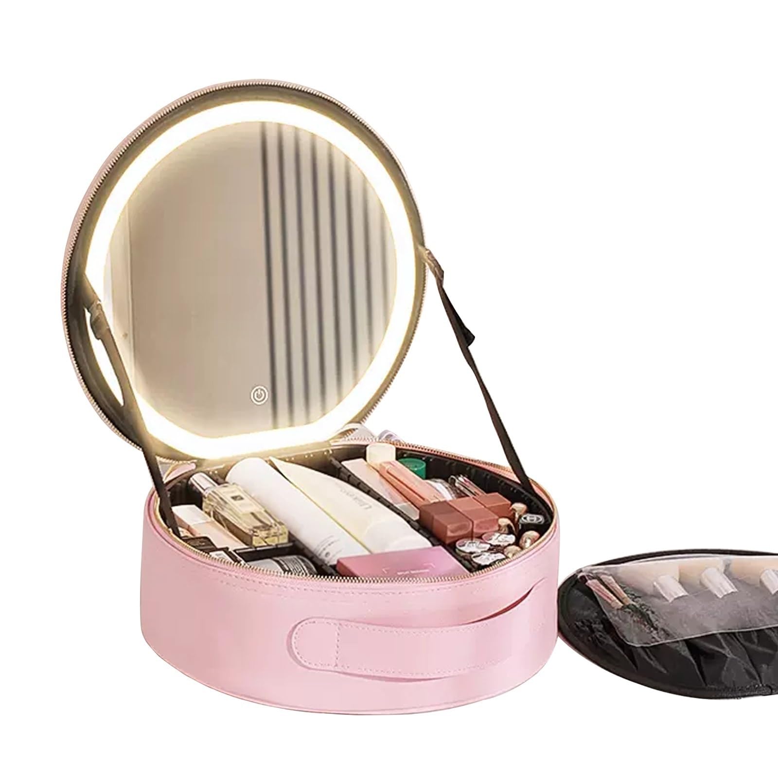 HJXGQJM Valigia Trucchi Cofanetto Makeup Beauty Case da Viaggio Organizzatore per Cosmetici con Specchio, con Luce LED Rotondo Nero Valigia da Trucco Professionale(Pink)