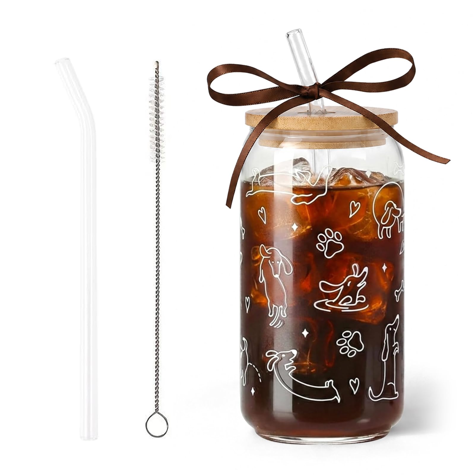 Bryxora Dachshund Gifts, Dachshund Gifts for Women, 16oz Sausage Dog Themed Glass Cup Set with Lid, Straw, Cleaning Brush and Brown Ribbon