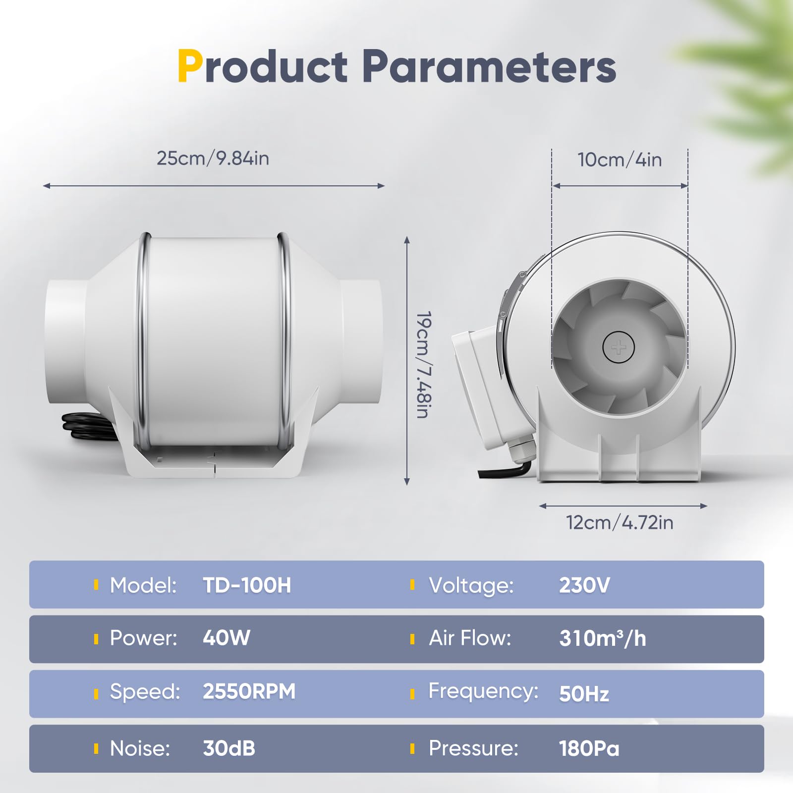 Extractor de aire en línea de para baño, extractor de humos con caudal de aire de 310 m³/h, control de velocidad variable, bajo nivel de ruido, para cocina, hidroponía y sótano