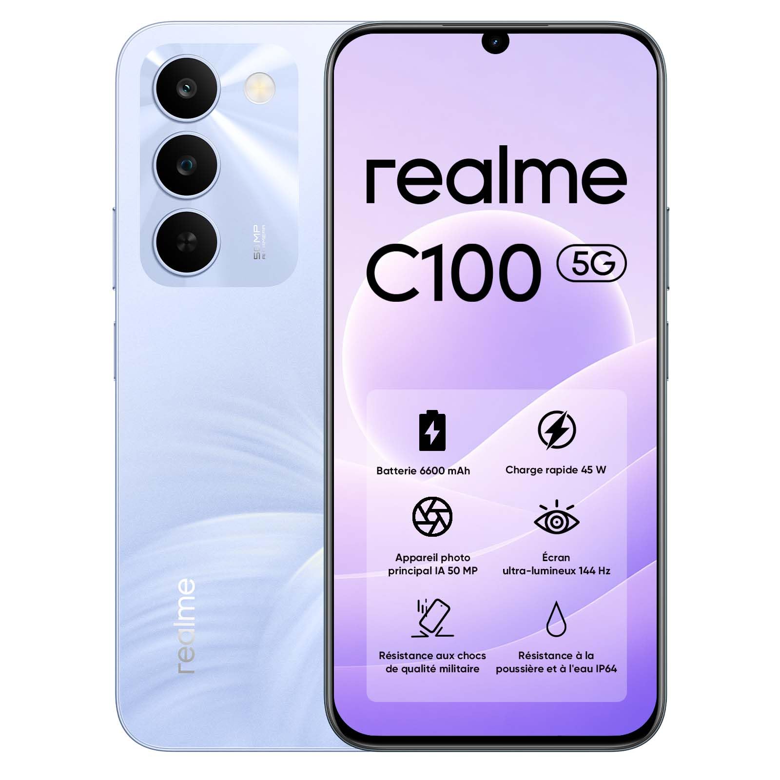 realme C100 5G Smartphone 4GB+128GB, Smartphone 5G, 6600mAh et Charge 45W, Téléphone Portable Android 16 Ultra-Brillant 6.8" 144Hz, Appareil Photo 50MP AI, Charge inversée 6.5W, IP64, Violet