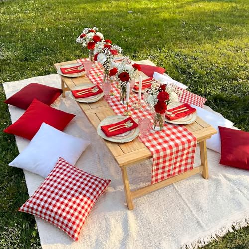 Yuntau Large Outdoor Boho Picnic Blanket with Table Runner 8 Pink White Red Pillows Covers No Pillow Summer Picnic Decor for Camp Birthday Party Bridal Shower Outdoor Backyard Garden(Red)