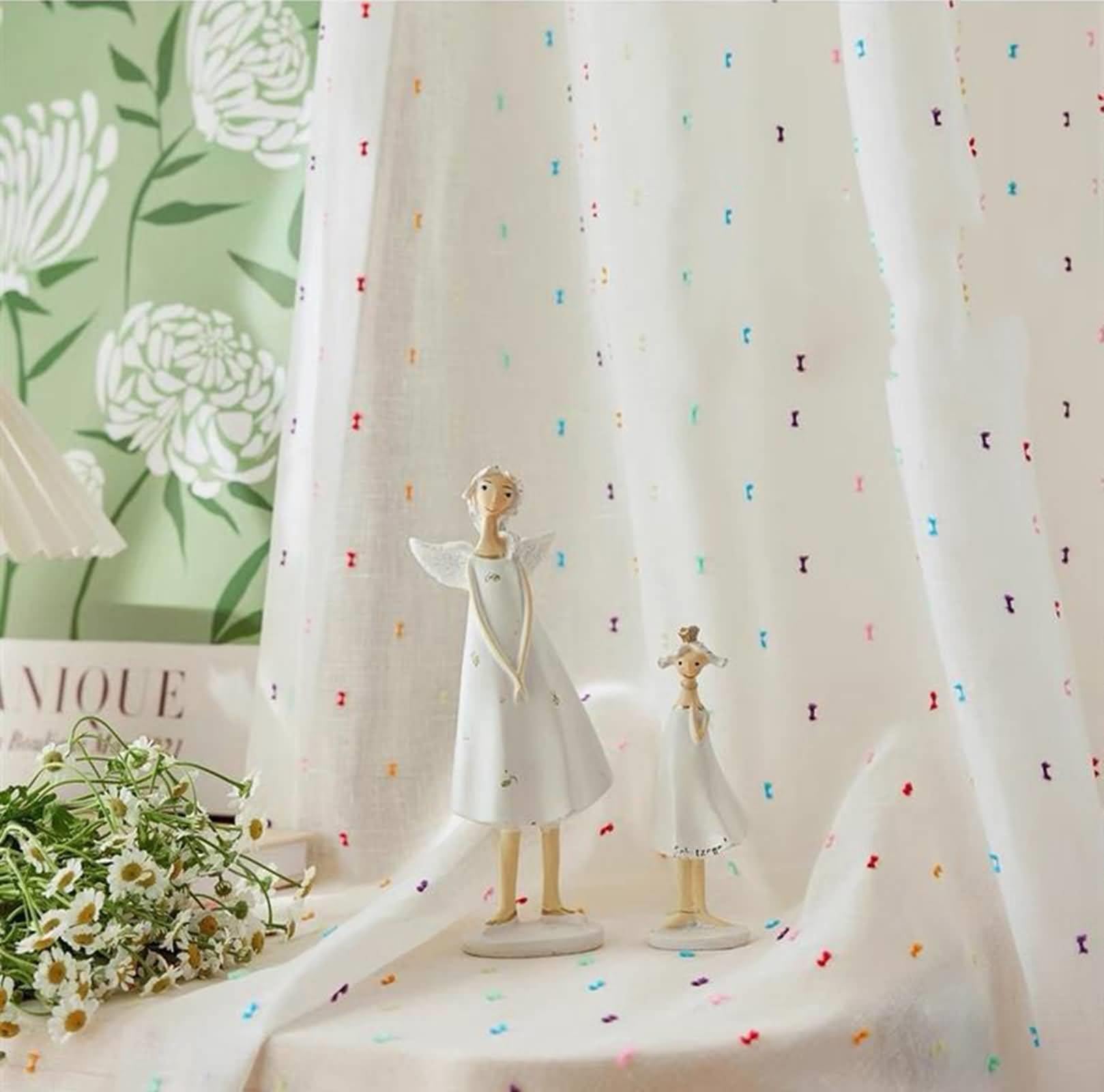 Vorhänge Halbtransparent mit Haken, Vorhang für Fenster Innen 2er Set Leinen Weiß Leinen mit Bunter Stickerei, 107x115cm