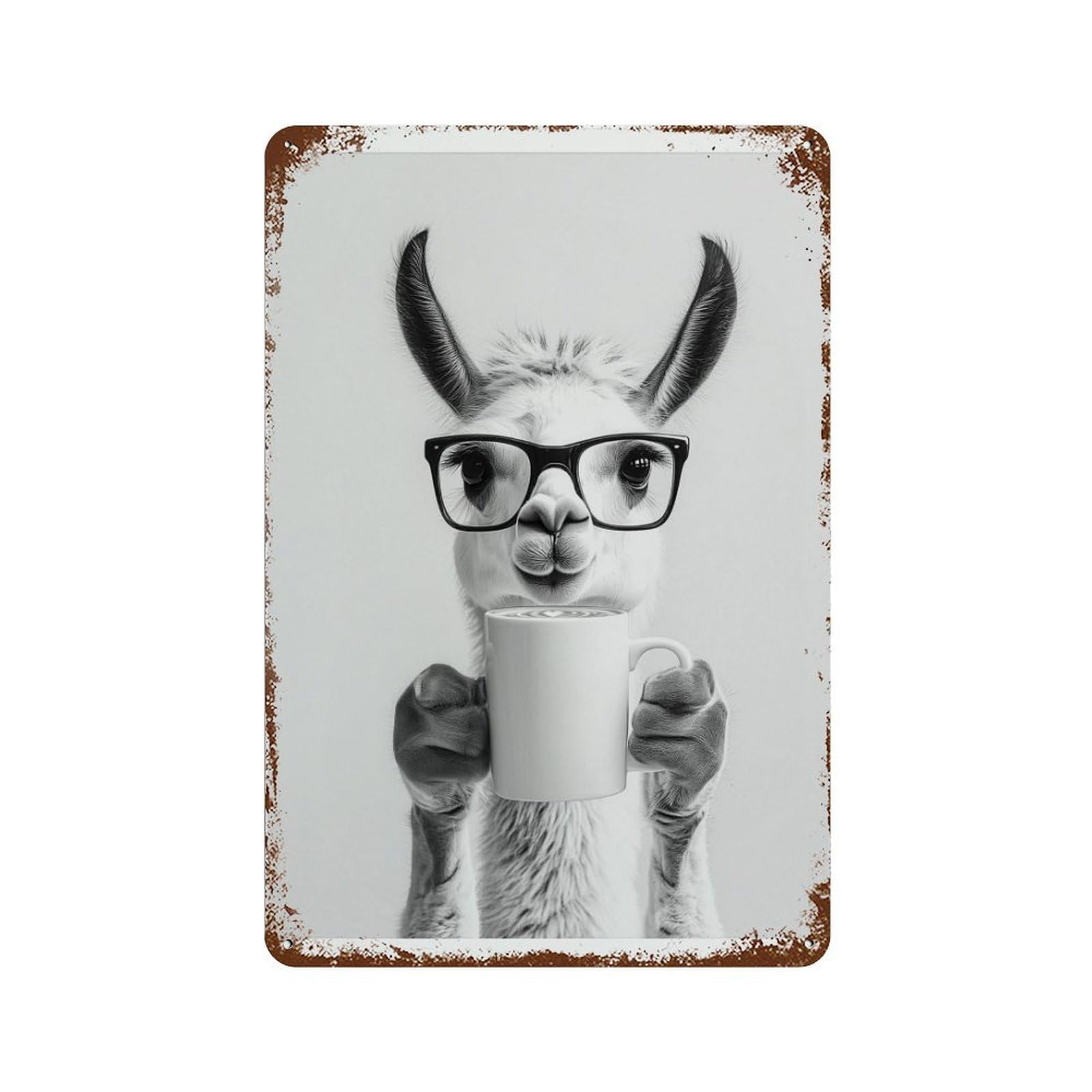 xiaoxiaoshen Llama Drinking Coffee Bar Decor, Funny Alpaca Wall Decor Art Metal Tin Poster Modern Home Decor Art Home Bar Shop Decorations Vintage Sign 30x20cm