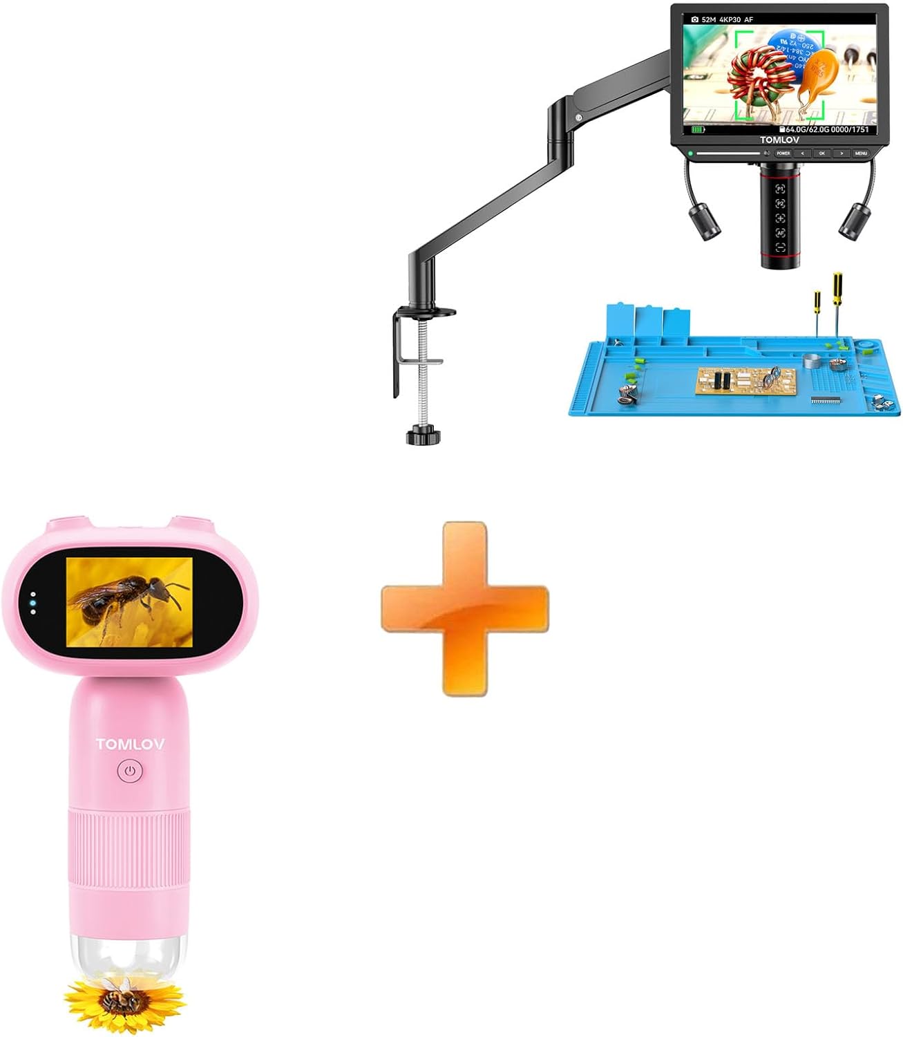 TOMLOV Autofocus 4K Digital Microscope: 8" TM4K-AF Flex Arm HDMI Micro Soldering Microscopes for Adults+TOMLOV P30 Microscope for Kids