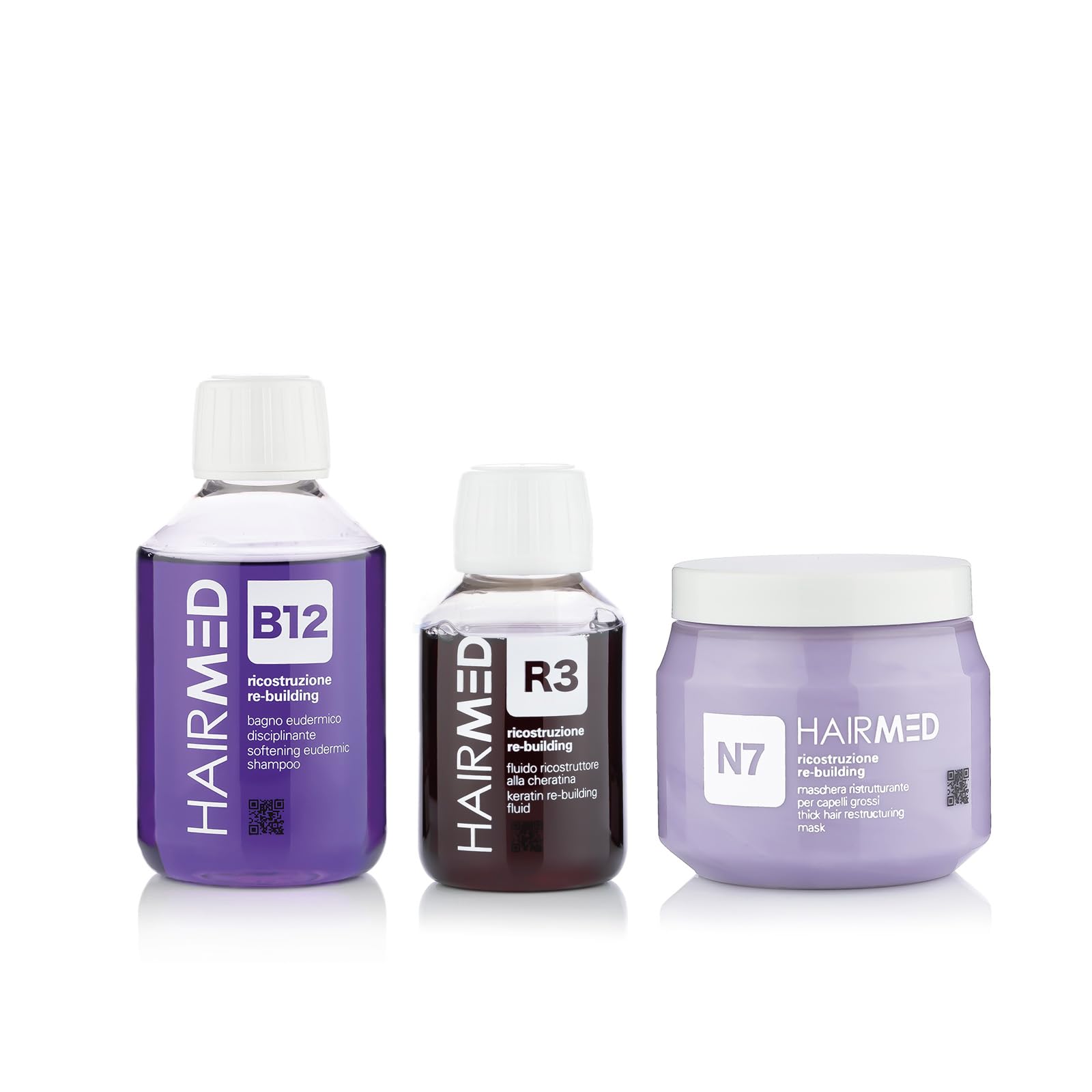 HAIRMED - Set Trattamento Ristrutturante per Capelli Danneggiati Professionale - Shampoo B12, Maschera N7 e Siero Cheratina R3