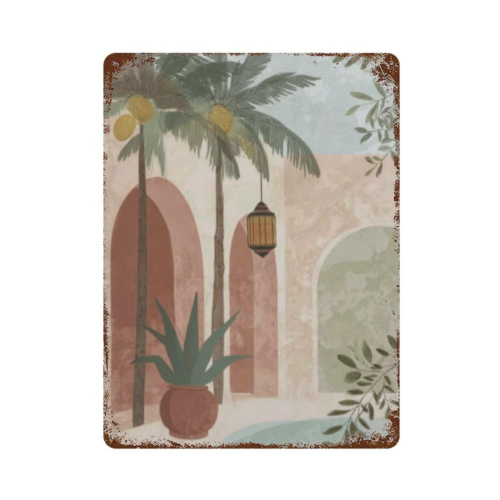 xiaoxiaoshen Desert Courtyard Boho Tropical Moroccan Palm Warm Minimalist Mediterranean Oasis Wall Decor Art Metal Tin Poster Modern Home Decor Art Home Bar Shop Decorations Vintage Sign 40x30cm