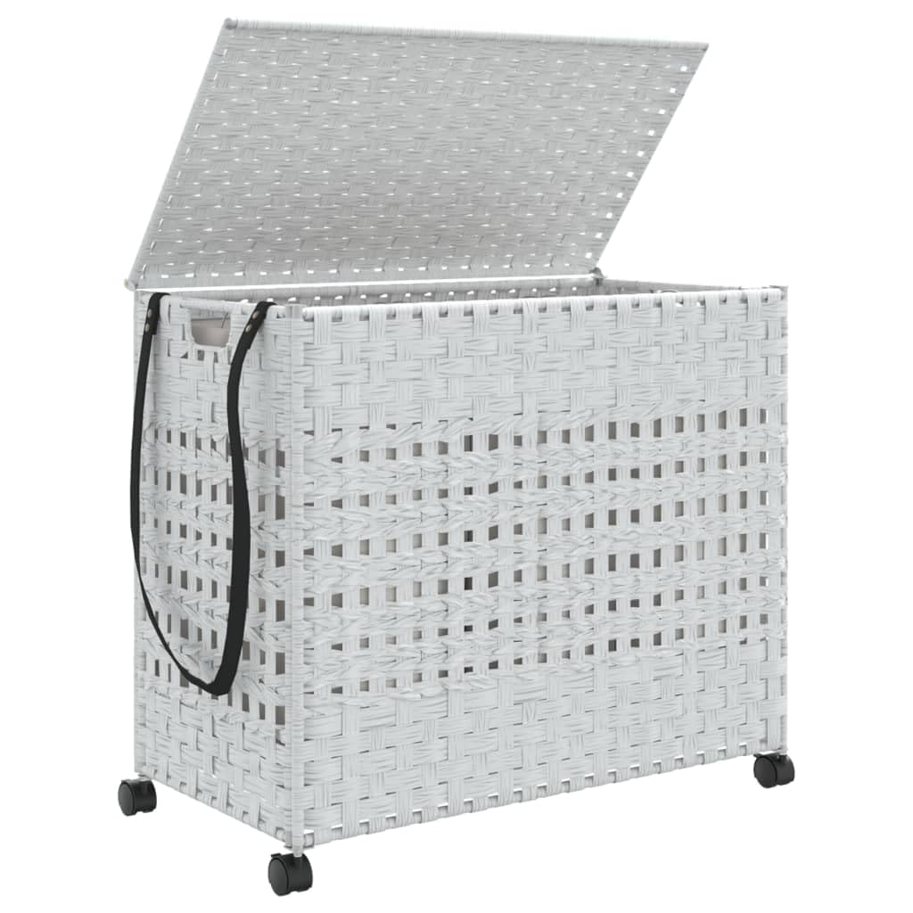 Mangloder Wäschekorb mit Rollen Weiß aus Rattan, 66 x 35 x 60 cm, 3 Fächer mit Bremsrollen, klappbar mit Deckel, Wäschesammler für Badezimmer, Schlafzimmer und Waschküche