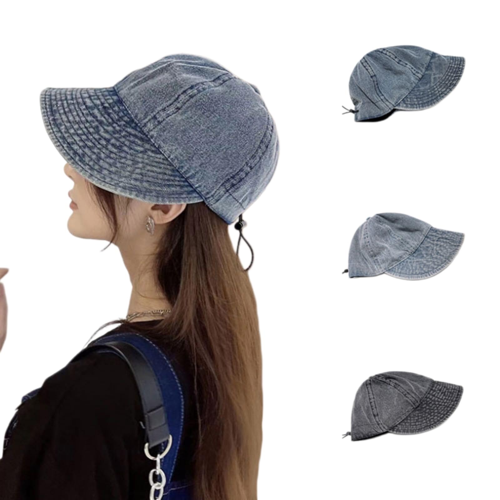Cappellino da Baseball,Cappello Pescatore Casual Cappello in Denim Lavato, Sole Ampio Bordo Vintage con Design Regolabile per Gite Estive-Black-Adjustable