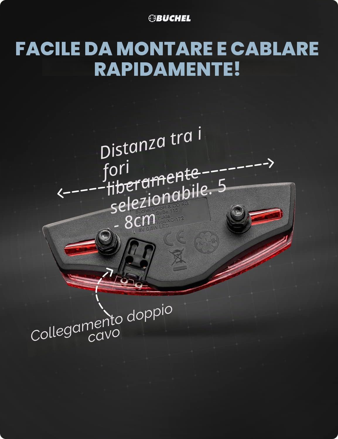 BÜCHEL Fanale posteriore per bicicletta a LED, omologato StVZO, portabagagli per fanale posteriore TIVOLI, fanale posteriore per bicicletta dinamo o e-bike I fanale posteriore per bicicletta dinamico, luce posteriore per bicicletta