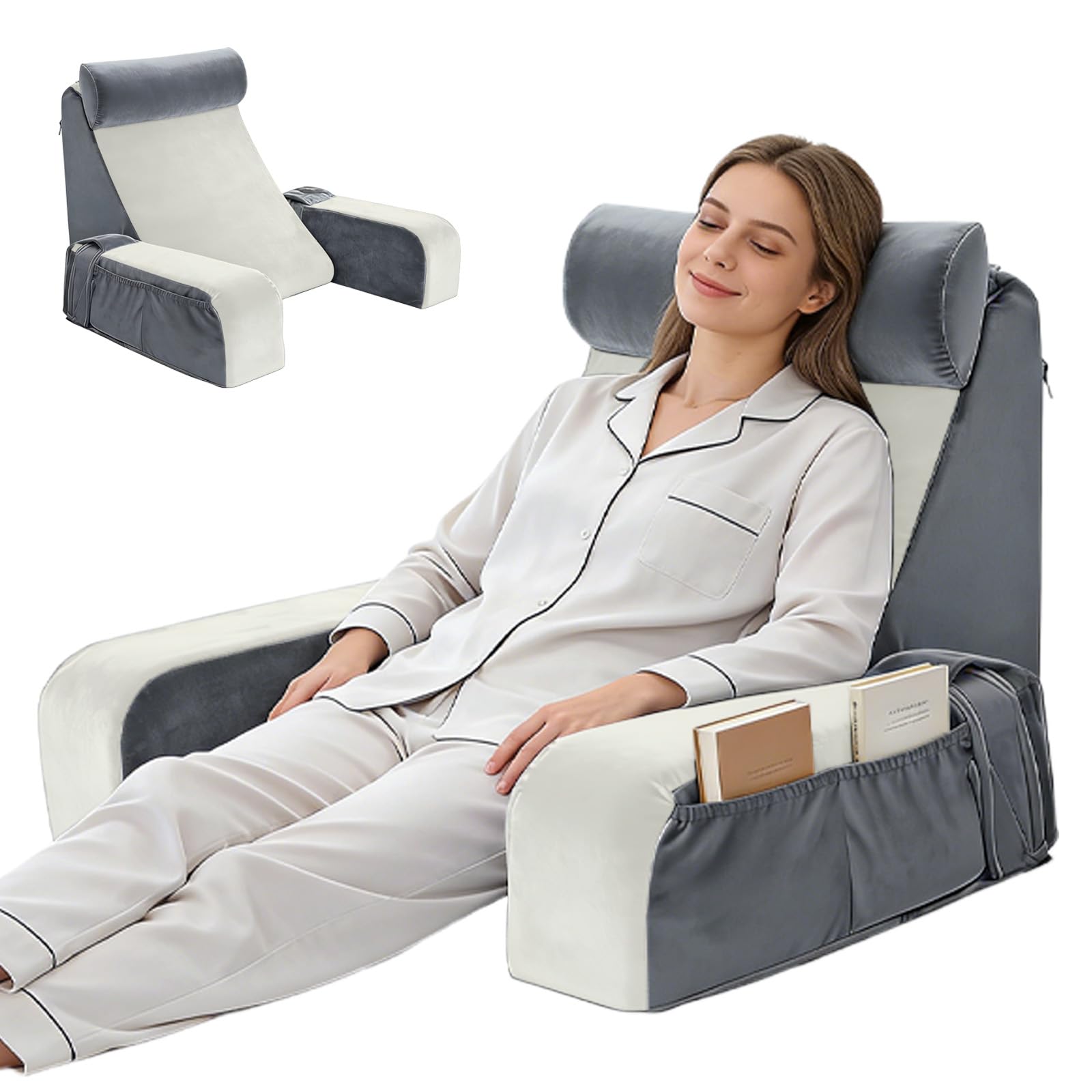 Cuscino da Lettura per Letto e Divano, Cuscino per Schienale Letto con Braccioli rimovibili, Cuscino per Schienale per Lettura, Lavoro o TV, Comodo Cuscino per Adulti (Grigio Bianco)