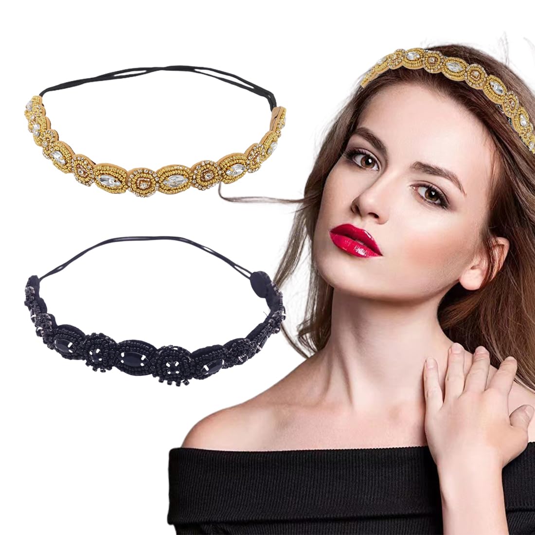 2 Pcs Bandas para la Cabeza Elásticas, Bohemia Diadema Cristal Diamante de Imitación Bandas Diademas de Pelo para el Pelo Accesorios para el Cabello de la Boda para Mujer