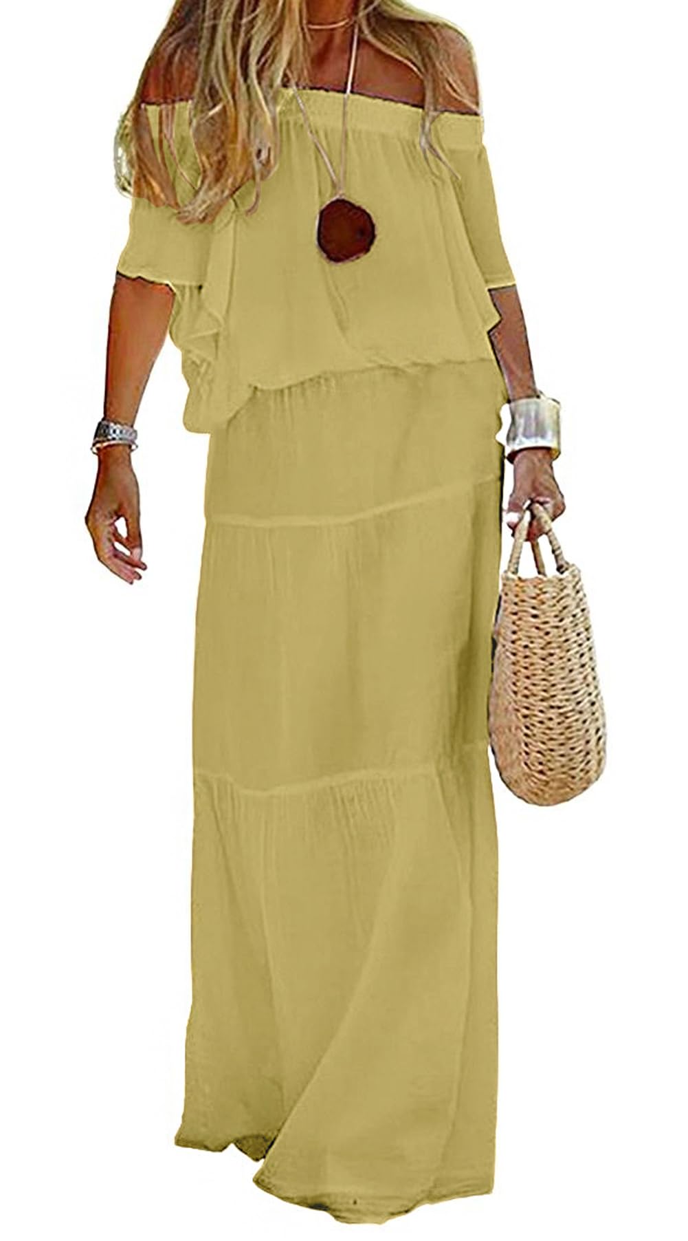 loveimgs Women's Summer Off Shoulder Ruffle Cotton Dress Short Sleeve Mid Rise Beach Boho Long Maxi Dress