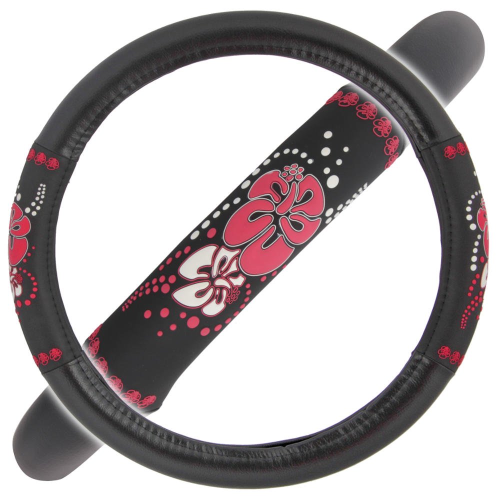 BDK Red Hawaiian Car Steering Wheel Cover - Durable Rubber Backing Protects Steering Wheel (Red Hawaiian Hibiscus)