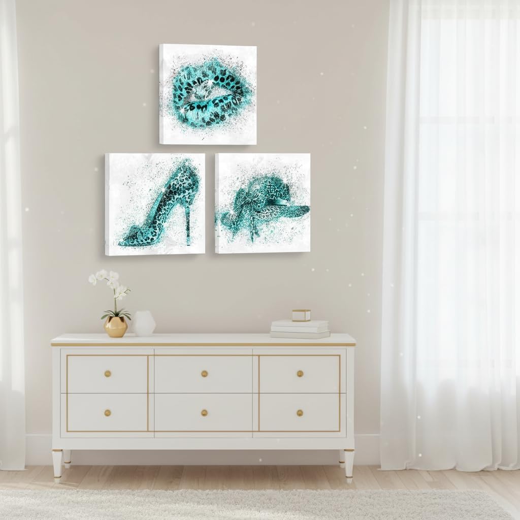 OuElegent Teal Wall Decor Fashion Art Canvas Glam Glitter Pictures Turquoise Leopard Print Lips Heels Hat, 3 Piece Modern Decor Set 12''x12''x3 panels