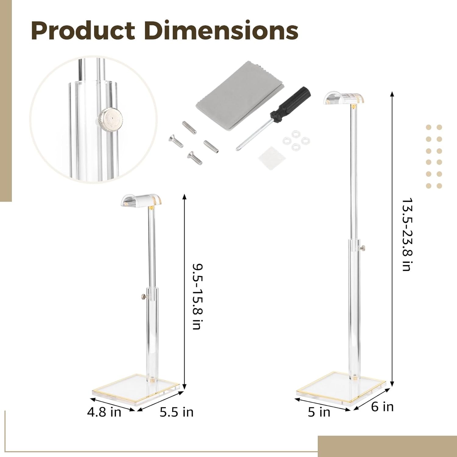 2 Pcs Acrylic Purse Display Stands for Display, Height Adjustable Handbag Stands with Gold Trim Base, Transparent Hanger Rack for Handbags, Totes, Scarves, Necklaces