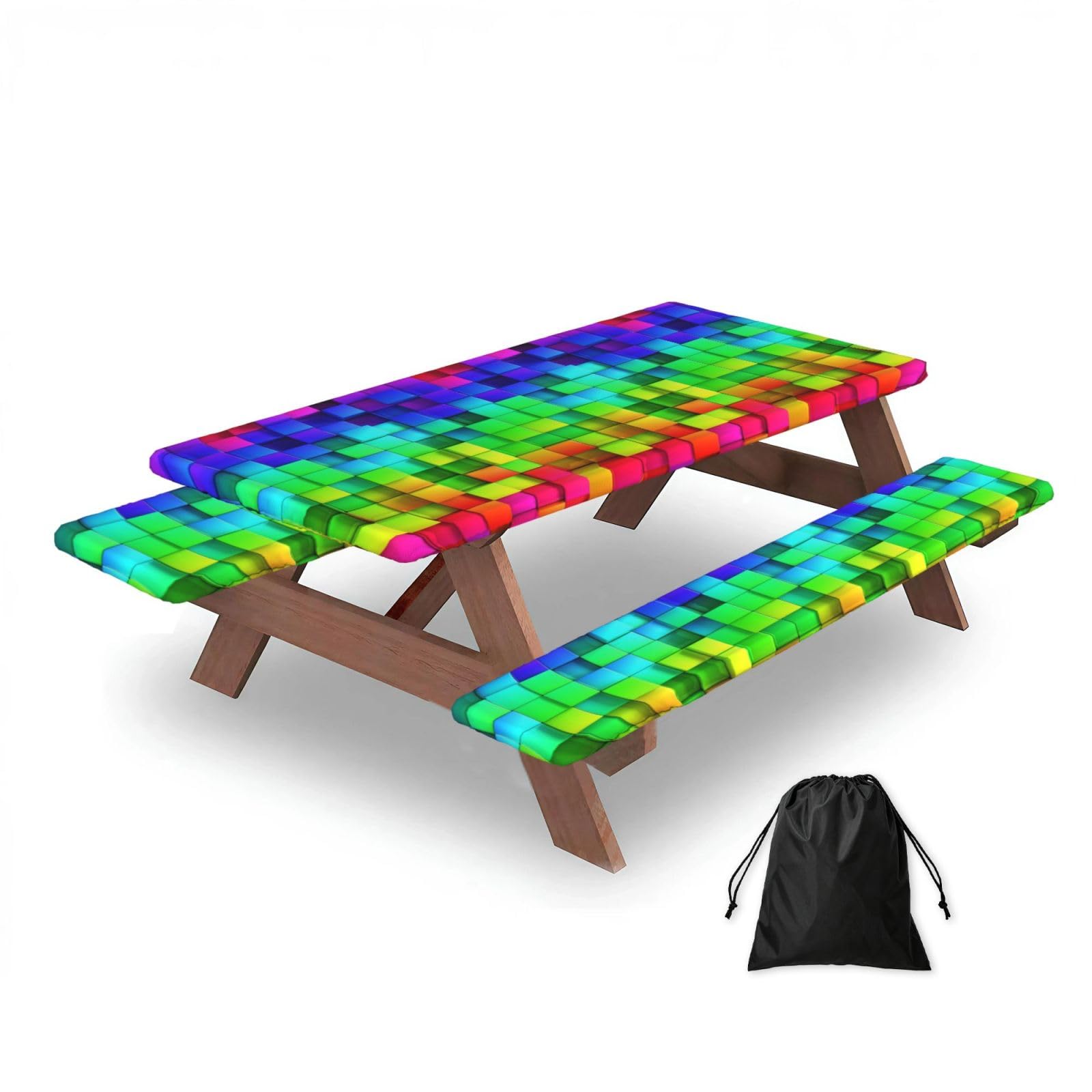 Dopklna As Picture Rainbow Color Plaid, Picnic Table Cover With Bench Covers -Waterproof Elastic Fitted Tablecloth For Garden Camping Patio 76X152cm
