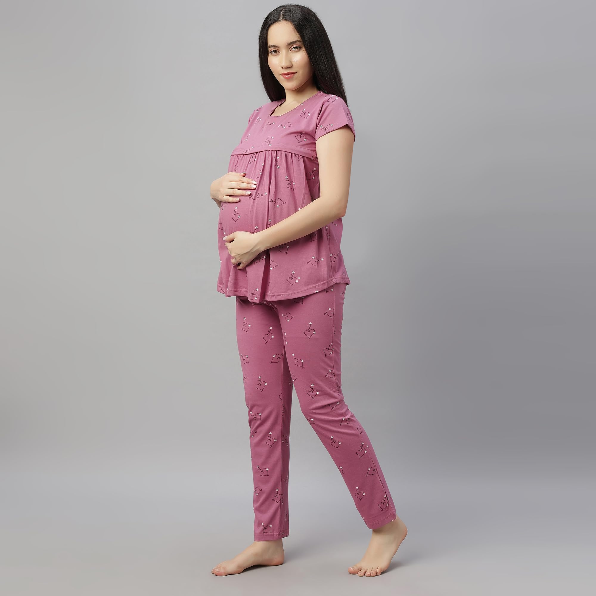 DZZO Women's Cotton Printed Maternity Night Suit | Comfortable Feeding Night Dress | Soft & Breathable Nursing Pajama Set | Color - Pink, Size - 2XL - Image 2 thumbnail