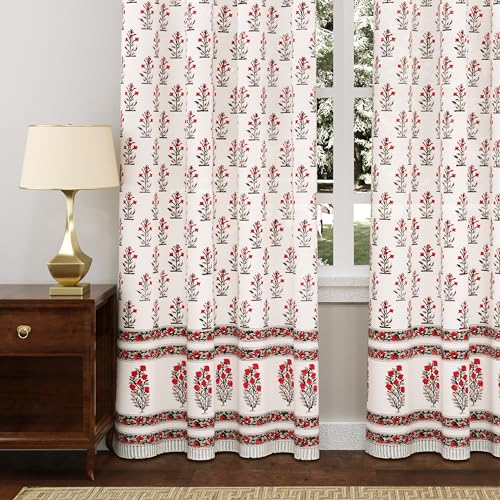 Image of BLOCKS OF INDIA Hand Block Printed Cotton Daylight Curtains with Eyelets(Set of 2 Curtains, Block 5, 7 Feet /Door, Semi Sheer, Multicolor)