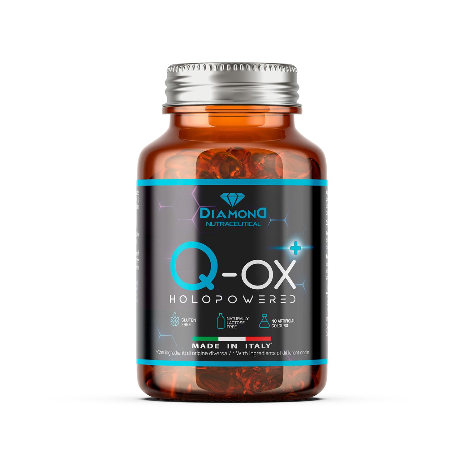 DIAMOND Q-OX - Q10 UBICHINOLO Bio-Potenziato | Nutraceutico a Base di Ubichinolo Kaneka QH® Puro Altamente Assimilabile | Fermentato Naturalmente | 30 Softgel Scure | Senza Glutine, No OGM