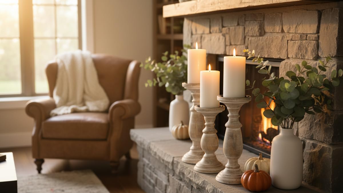 WSH - Set di 3 portacandele in legno per candele a colonna, colonne tornite arrotondate, legno sostenibile, stile country, aromaterapia, decorazione per la casa, 16,8 e 25,4 cm