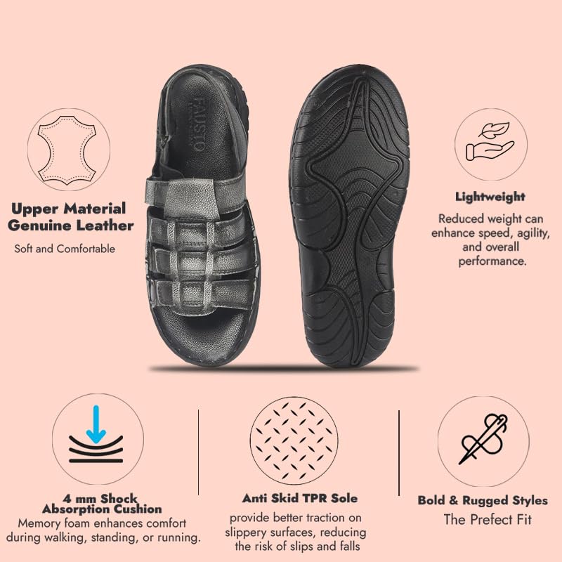 Image of FAUSTO Men Genuine Leather Multi Strap Open Toe Broad Feet Roman Sandals with Adjustable Back Strap | Slip Resistant Lightweight Sole