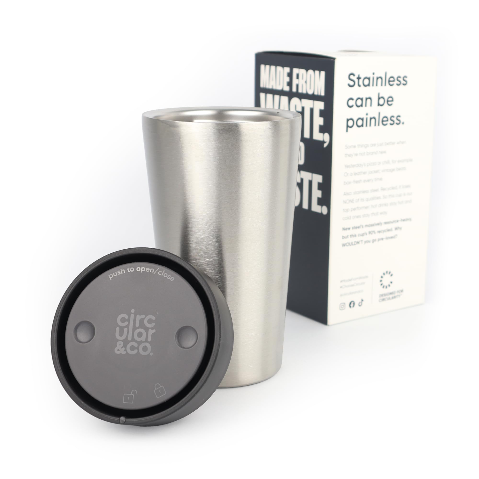 Circular&Co 12oz / 340ml Stainless Steel Travel Mug – Reusable Coffee Cup – Double Wall Insulated, Leakproof & Sustainable Cup for Hot or Cold Drinks - Uncoated