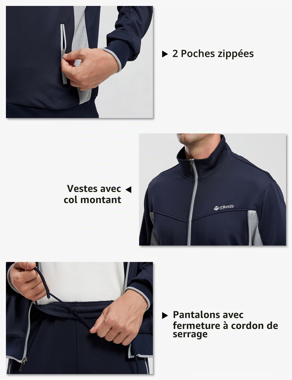 Donhobo Survêtement pour homme avec cordon de serrage contrasté, pantalon de jogging à fermeture éclair et poches zippées