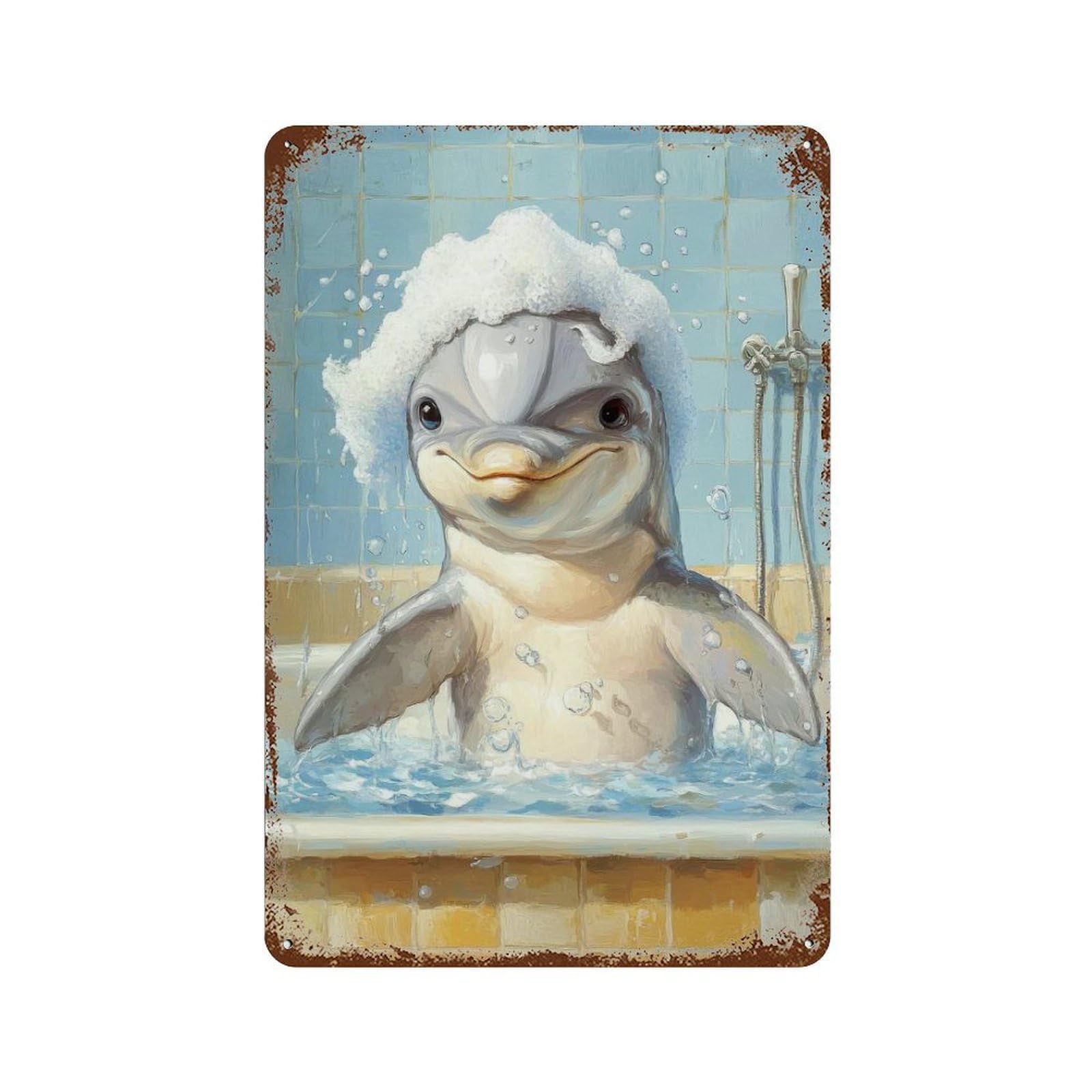 Retro Metal Sign with Dolphin in A Bathtub Design 11.8"x7.9", for Shed, Workshop And Garage Wall Decor, Old School Wall Decor