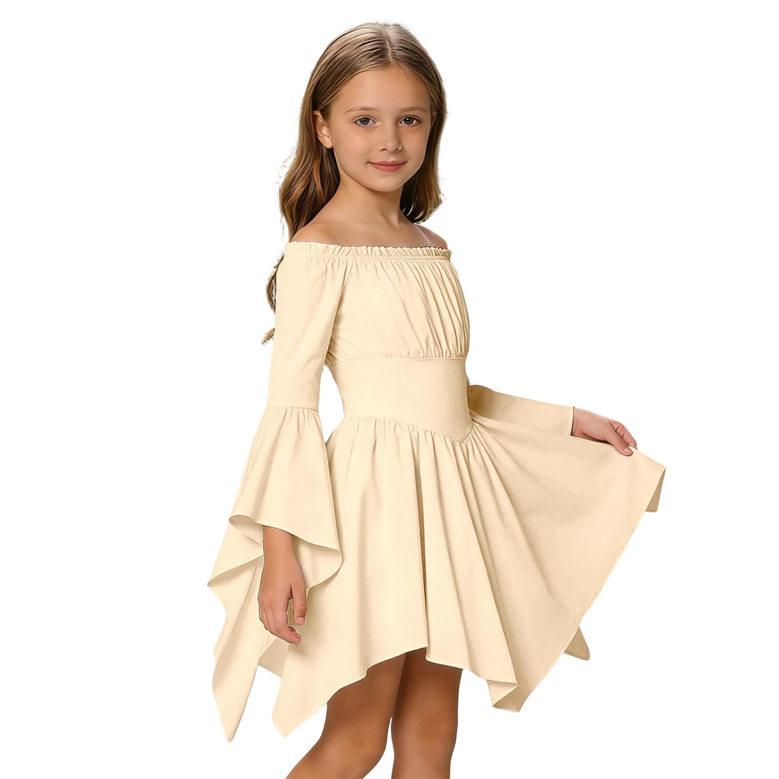 Girls Renaissance Tops Off Shoulder Long Puff Sleeve Elastic Waist Peplum Medieval Blouse Pirate Dress Ruffle Romper Smocked Jumpsuit Overall A-Line Mini Dresses