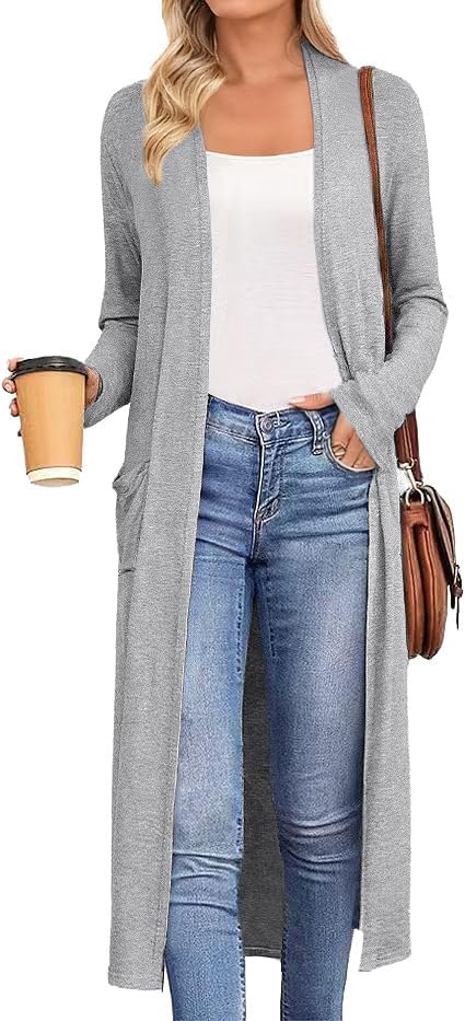 AYIFU Womens Maxi Cardigan Lightweight Long Sleeve Open Front Casual Cardigans Duster with Pockets...