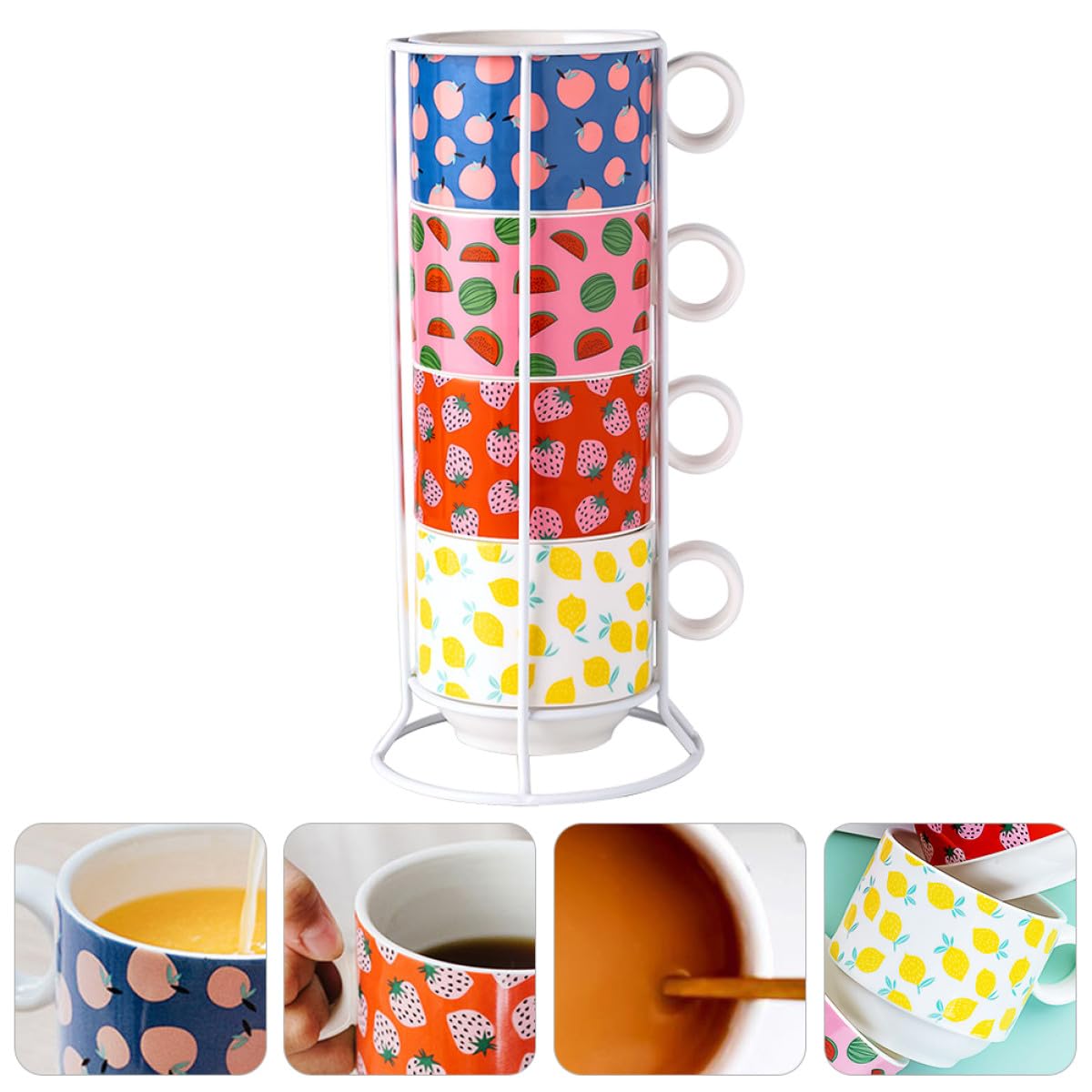 Artibetter Set di 4 Tazzine da caffè capacità 200ml in Impilabili Supporto in Ferro Design Salvaspazio per Cucina e Ufficio