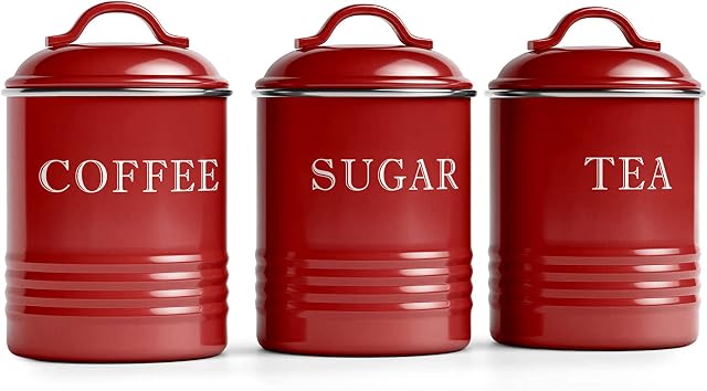 Barnyard Designs Red Canister Sets for Kitchen Counter, Vintage Kitchen Canisters, Country Rustic Farmhouse Decor for the Kitchen, Coffee Tea Sugar Farmhouse, Metal, Set of 3