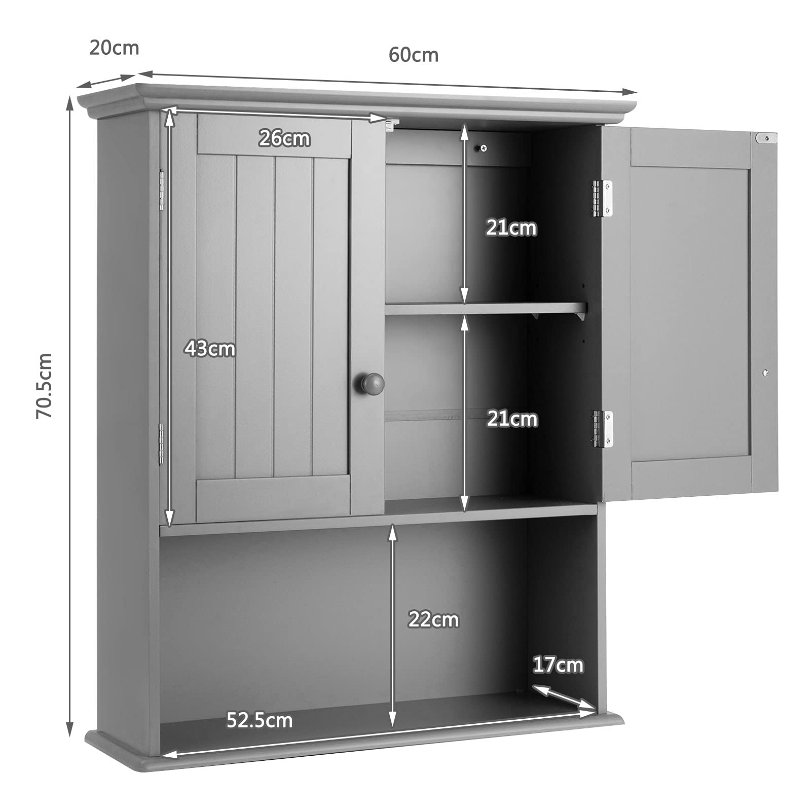 COSTWAY Hängeschrank Medizinschrank, Wandschrank mit Doppeltür, Badschrank Küchenschrank Unterschrank mit Einstellbarer Ablage, Schrank für Badezimmer Küche Eingangsbereich (Grau)