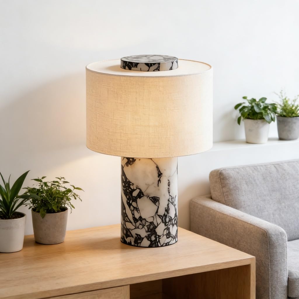 Lámpara de mesa de mármol, lámpara de escritorio de piedra natural y tela, decoración sencilla de lujo for habitación, lámpara de mesita de noche for dormitorio, sala de estar(Marble,Plug-in)