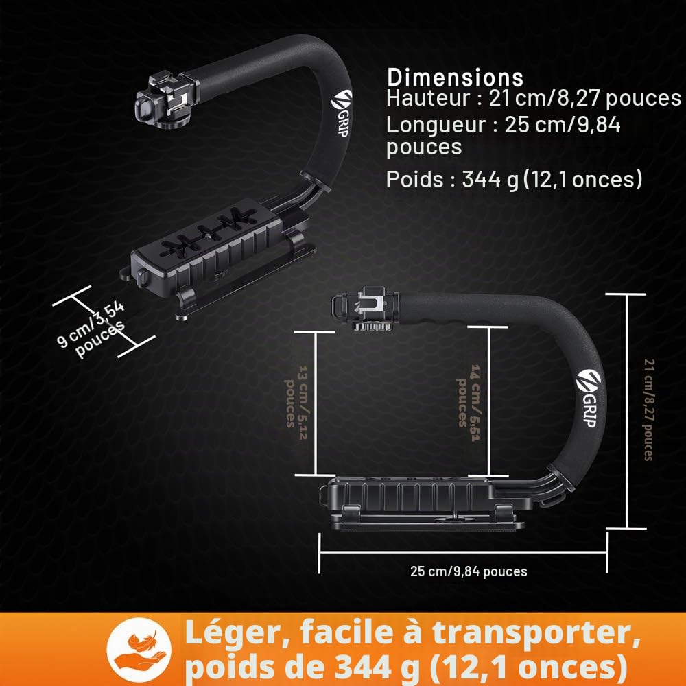 Zeadio Stabilisateur avec Griffe Triple, Poignée vidéo pour DSLR Caméscope Caméra Et Tous Les Smartphones