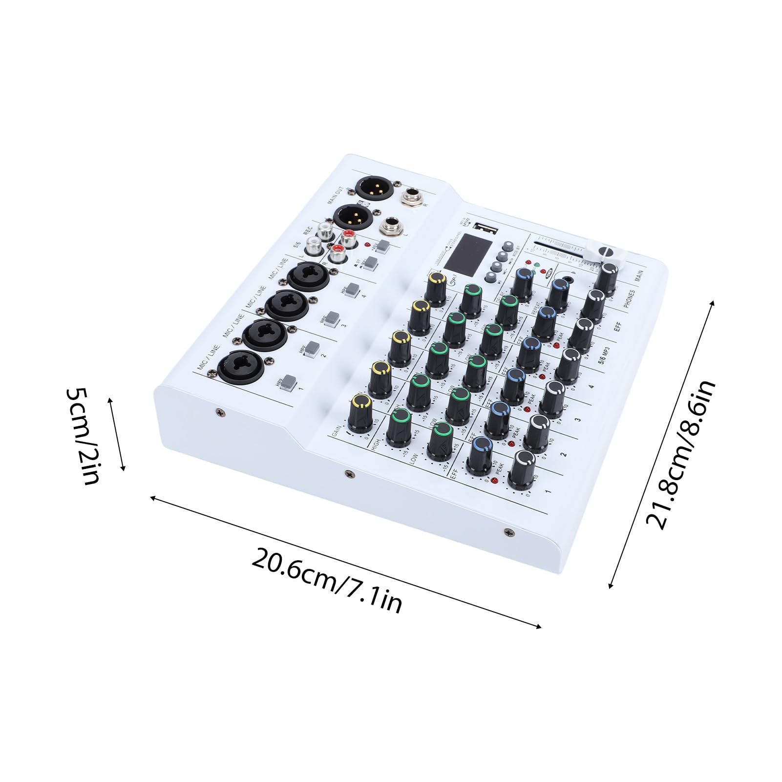 Dpofirs Mini Mixer Audio a 6 con Lettore MP3 BT, Alimentazione Phantom 48 V per Registrazione in Studio, Streaming Live, Karaoke, Design Portatile Compatto per gli Appassionati di Musica (WHITE)