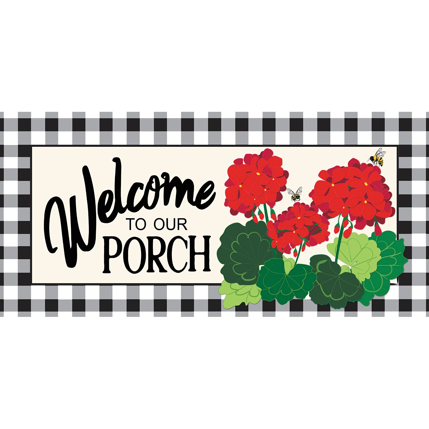 Evergreen Flag Sassafras Welcome to Our Porch Geraniums Interchangeable Entrance Doormat | Indoor and Outdoor | 22-inches x 10-inches | Non-Slip Backing | All-Season | Low Profile | Home Decor