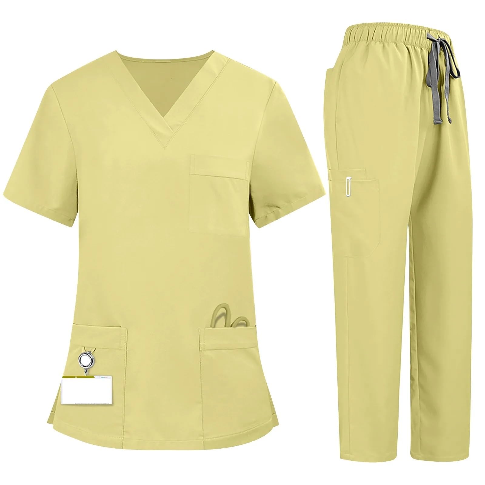 Plus Size Damen Krankenschwesteruniform, schnell trocknender Stoff, einfarbig, V-Ausschnitt, Tasche, kurzärmelige Hose, Anzug, Krankenpflege FüR Beauty Salon Klinik Krankenhaus