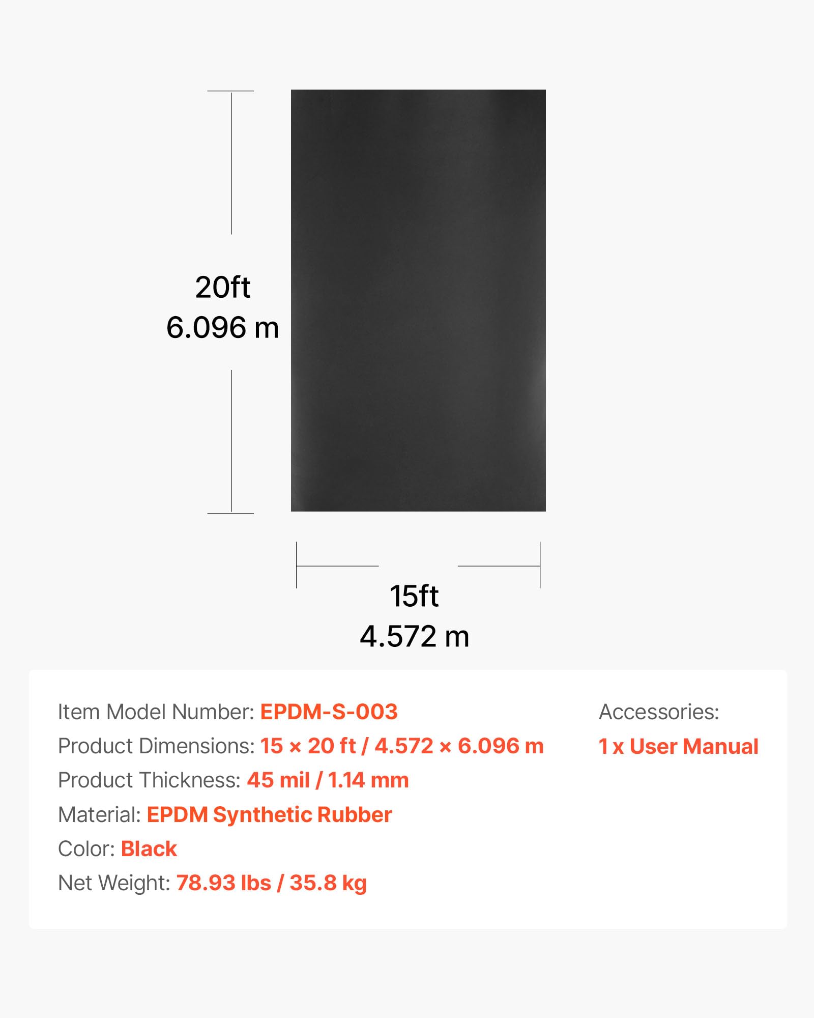 VEVOR Membrana para Techos, 4.572 x 6.096 m, Lámina de EPDM de 1,14 mm, Duradera y Resistente a la Intemperie, Impermeabilización de Cocheras, Base para Autocaravanas, Techos y Estanques, Negro