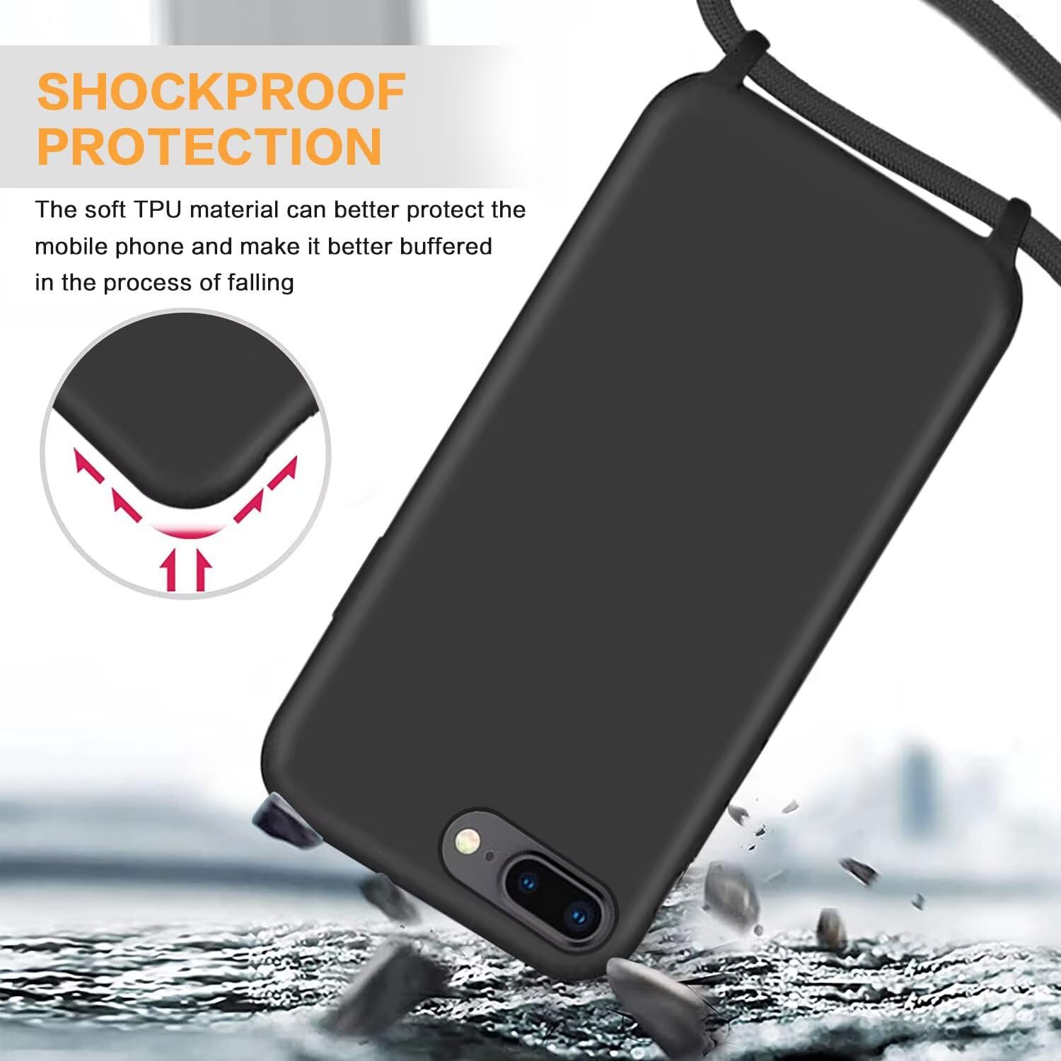 Oelrstfe Cover con Cordino per iPhone 8 Plus/iPhone 7 Plus, Trasparente Silicone Custodia con Regolabile Collana Laccio Tracolla, Antigraffio