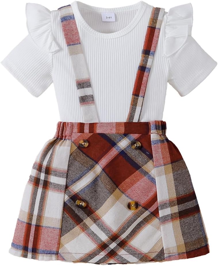 AMMENGBEI Toddler Little Girl Summer Outfits Ribbed Knit Ruffle Tops and Plaid Suspender Skirt Set Kids 2Pcs Clothes 5-6 Years Red