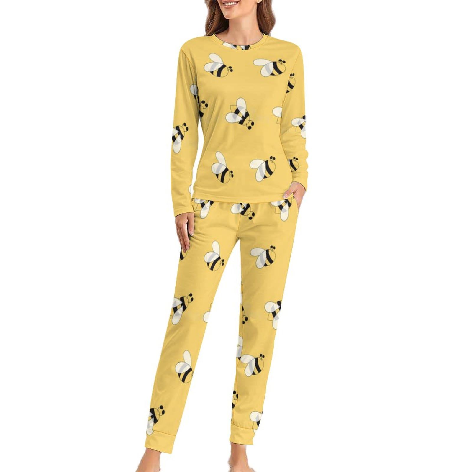 Dgsxynth Woman's Crew Neck Pyjamas Set, Cute Bee Pyjamas for Women, Women's Pajamas with Pockets
