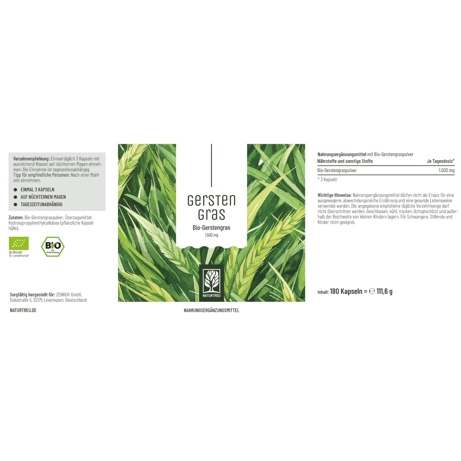 NATURTREU® Bio Gerstengras Kapseln hochdosiert, 540 Kapseln
