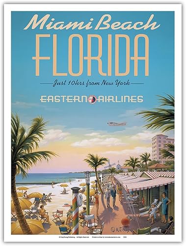 Miami Beach Florida - Eastern Airlines - Solo 10 horas de Nueva York - Póster vintage de viaje de aerolínea por Kerne Erickson - Impresión artística