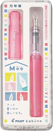 Pilot - Pluma estilográfica Kakuno Family Series Kakuno Mama, color rojo transparente, punta media, FKA-1SR-KMR-M con adhesivo Kanji LOOR, 5.15 x