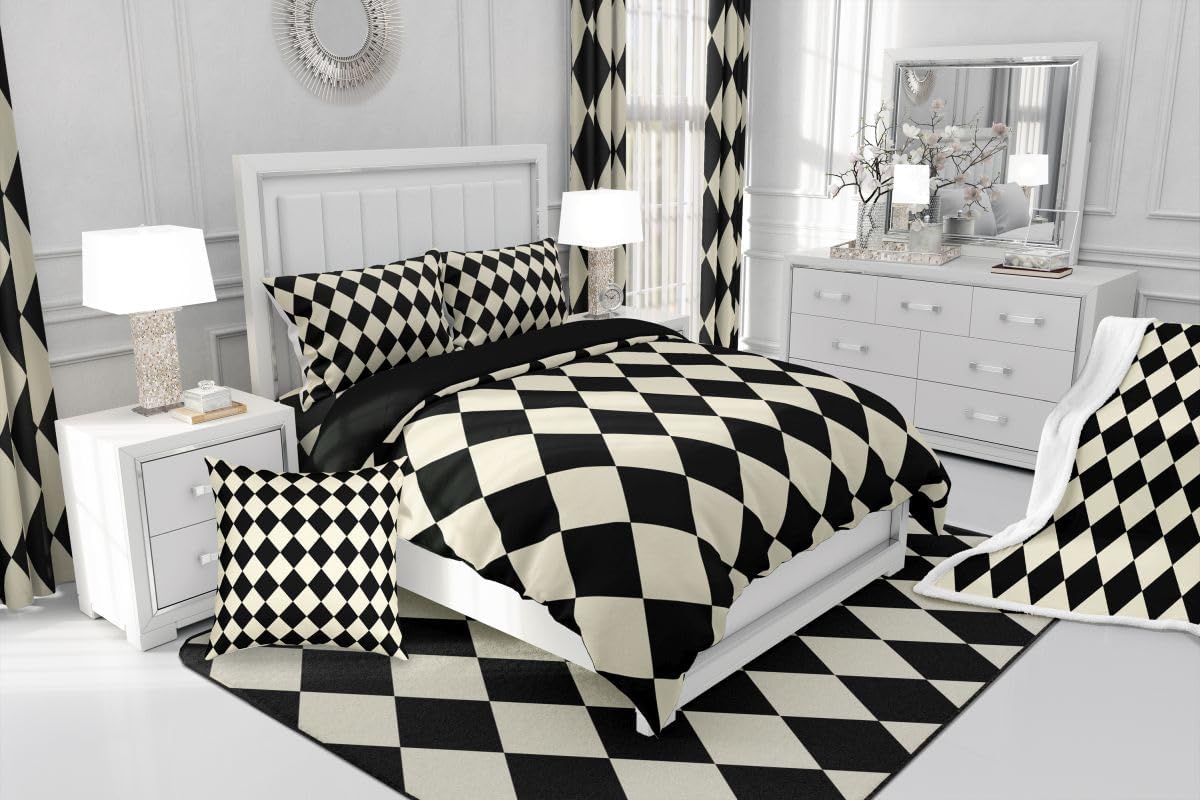 Feelyou Diamond Plaid Comforter Set Full Size Buffalo Check Grid Bedding Set for Kids Boys Girls Classic Checked Beige Black Duvet Quilt Bedroom Decor Microfiber 3 Pcs with 2 Pillow Cases