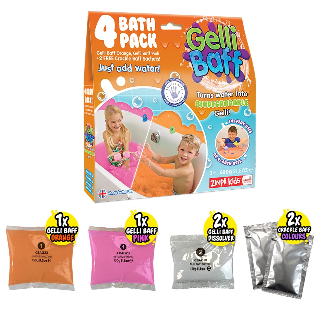 Zimpli Kids Gelli Baff Orange & Pink, 4 Bath Value Pack, Magically turns water into thick, colourful goo, 2 x Free Crackle Baff, Children's Sensory & Bath Toy Gift, Certified Biodegradable