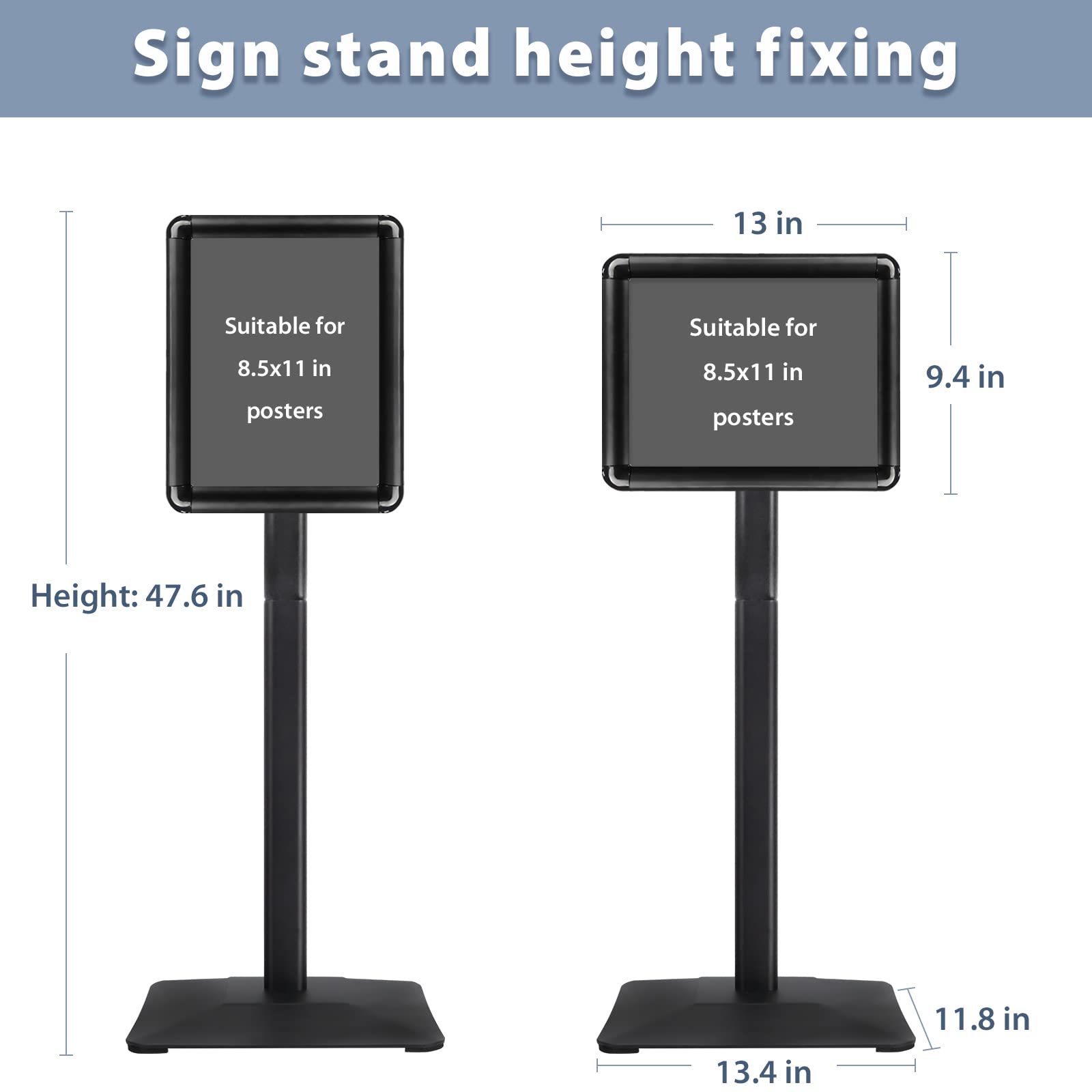 Soporte para póster de 8.5 x 11 pulgadas, soporte para letreros de pie con pedestal de pie vertical y horizontal, marco abierto de aluminio con esquina de seguridad, color negro